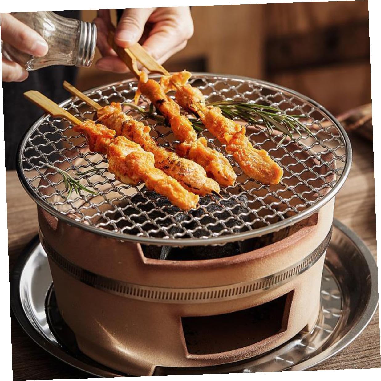 Charcoal Grill Stove with Stainless Steel Bbq Net, Medium and Large Size, Crude Pottery Base for Indoor and Outdoor Barbecue Cooking, Household Charcoal Grilling Tray for Patio