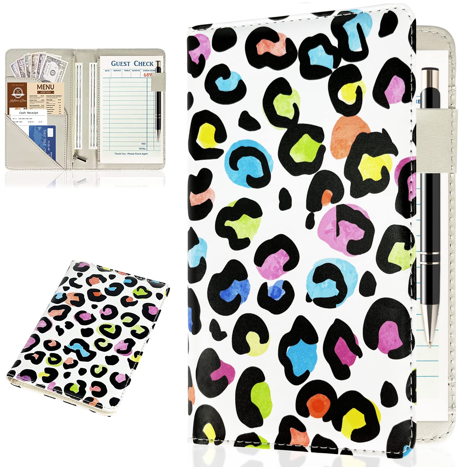 Server Books for Waitress, Waitress/Waiter Book Organizer with Zipper Pouch, Guest Check Book Holder Money Pocket Restaurant Waitstaff Organizer Leopard Pattern