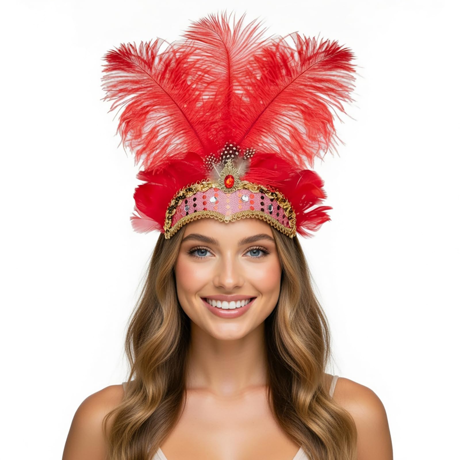 NUXMAW Showgirl Feather Headpiece Carnival Headband Vegas Costume Accessories Rio Mardi Gras Party (Red)