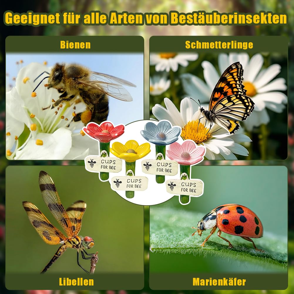4 Stück Bienentränken Keramik Blumen, Sichere Garten-Insektentränke für Bienen, Schmetterlinge & Bestäuber, Bunte Bienentränken für den Garten, Trinkstelle, Bee Cups für Garten & Balkon