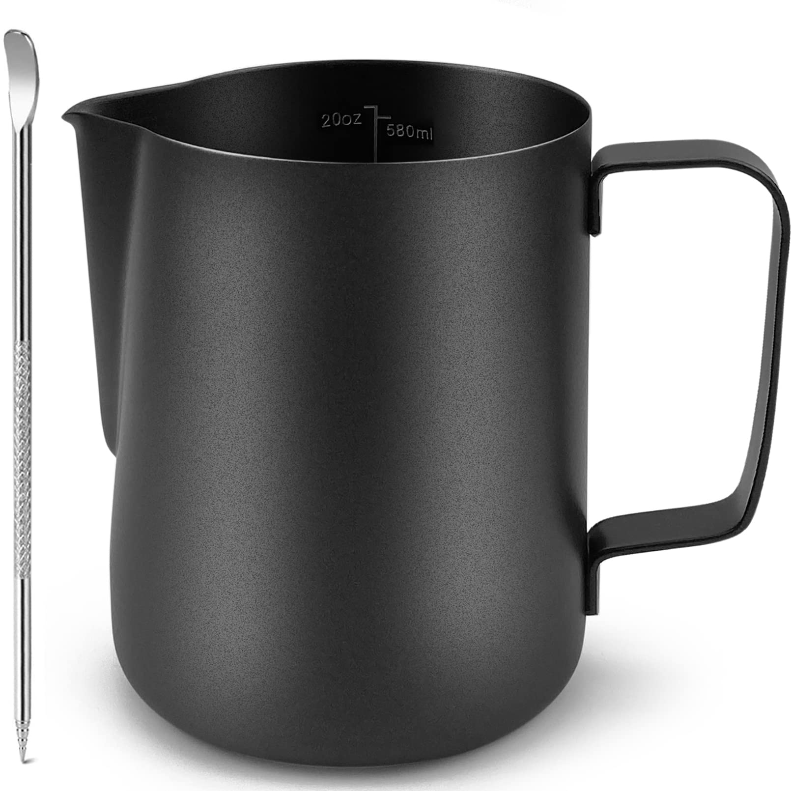 CAMKYDE Jarra de espuma de leche de acero inoxidable de 20 onzas, jarra de vapor espresso con bolígrafo decorativo para máquinas de espresso, capuchino, arte con leche (negro mate)