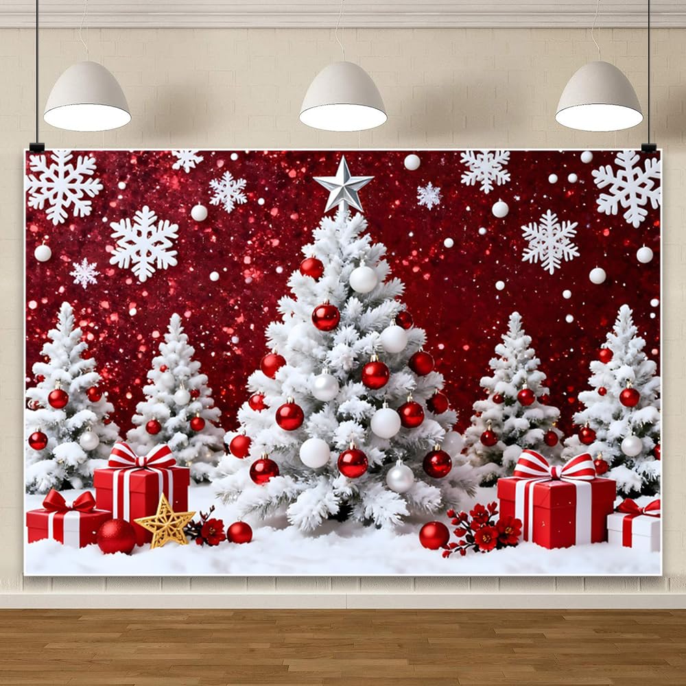 Sfondo per feste di Natale e Capodanno per servizi fotografici 3.5x2.5m | Sfondo fotografico con albero di Natale bianco e fiocchi di neve, decorazione per feste, striscione, accessorio per foto