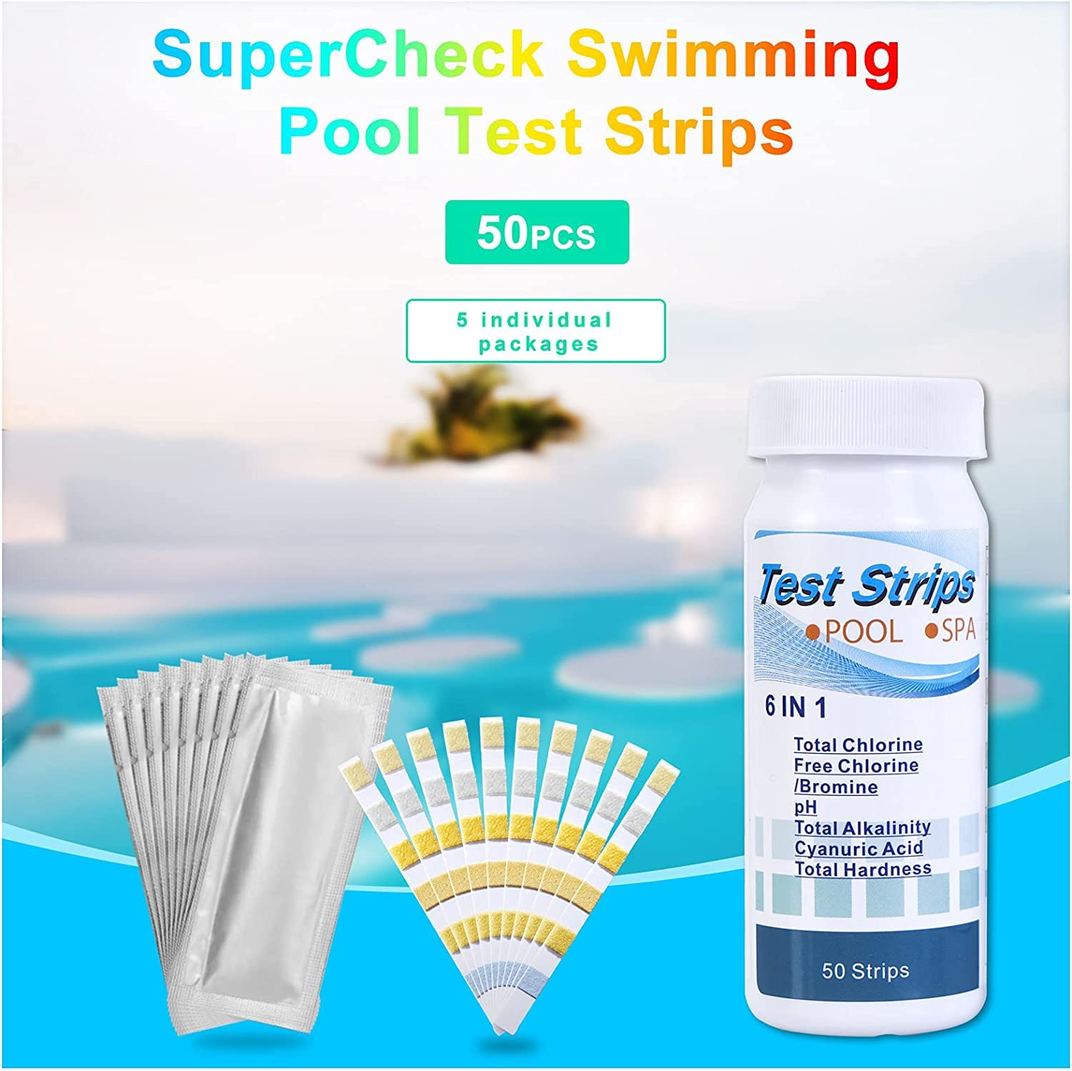 SuperCheck Strisce reattive per piscine e spa, 6 vie, per test di qualità dell'acqua per piscine e test di qualità dell'acqua di cloro bromo alcalinità pH durezza (50 strisce reattive)
