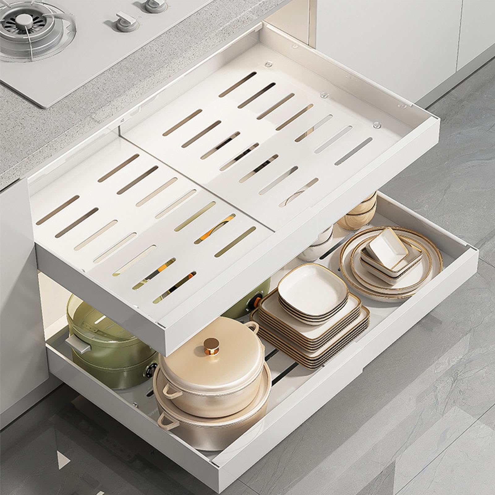 Cajones Extraíbles De Cocina,Organizador De Gabinete De Baño | Cajón De Rejilla De Metal Expandible Sin Taladro - Almacenamiento En Estante De Gabinete De Acero Al Carbono Sin Perforaciones, Organizad