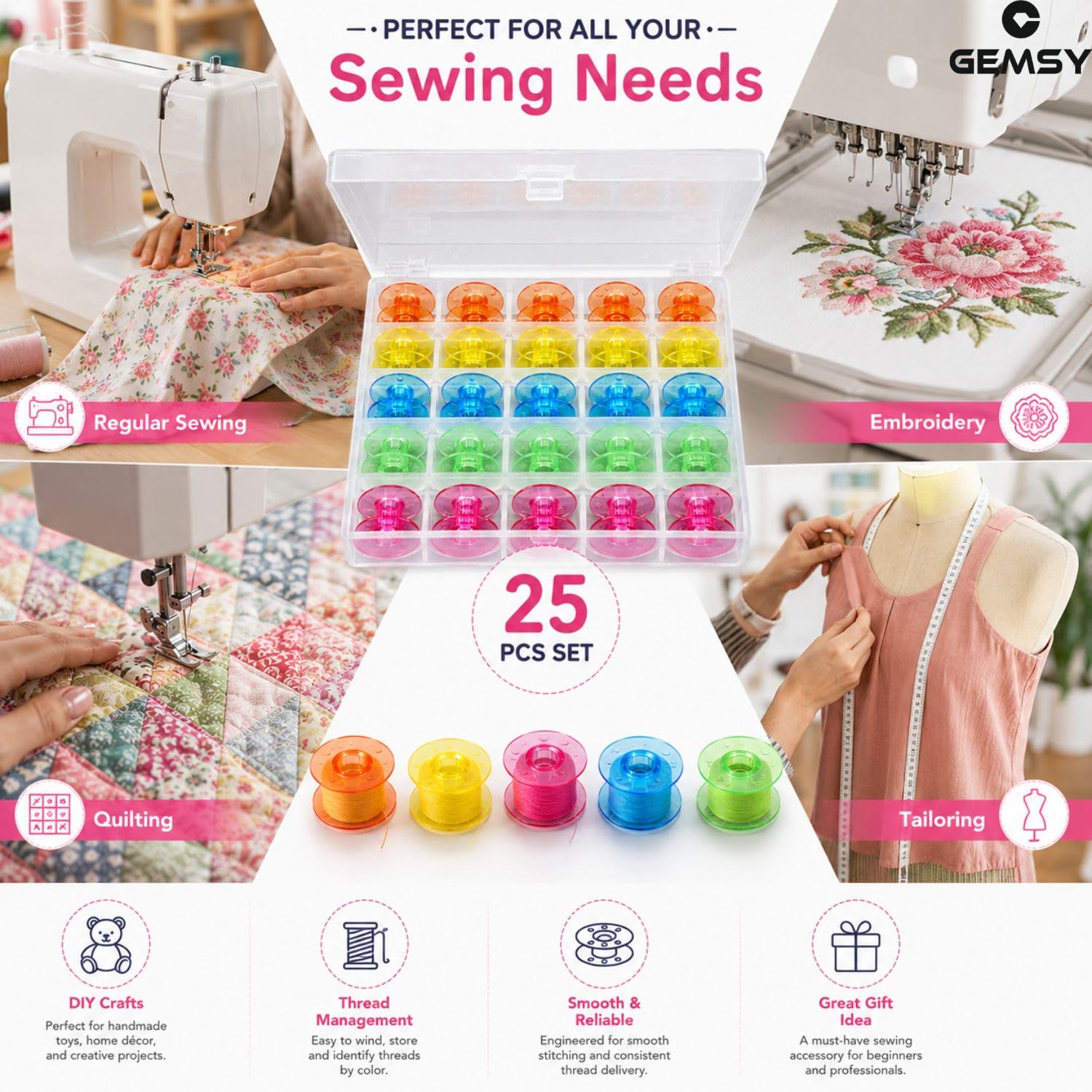 Gemsy Sewing Machine Transparent/Colour Bobbin Pack of 25 with Box : Plastic Bobbins, Tailoring Tools - Perfect for Regular Sewing Machine Like Usha Brother Singer Janome | Storage Box for Bobbin 2