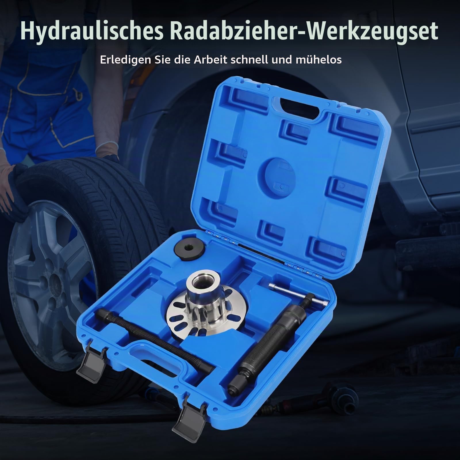 MINRS 10T Hydraulischer Radlager Abzieher Werkzeug Satz Ausdrücker Satz für Antriebswellen KFZ Radnaben Abziehen, 4-Loch- oder 5-Loch-Räder, Anwendbarer Bolzen-Umfang 96-125 mm, Blau