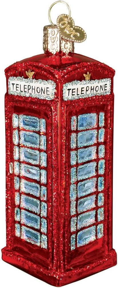 Old World Christmas English Phonebooth Glass Blown Ornament for Christmas Tree, Handcrafted Holiday Decoration, Landmark Collection