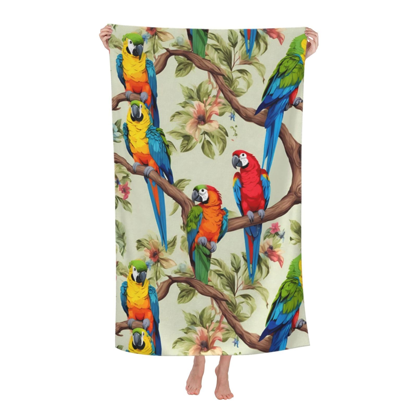 Pojknbv White Colorful Parrots On Tree Print Oversized Adult Beach Towel Quick-Dry Comfortable Lightweight Travel Pool Camping