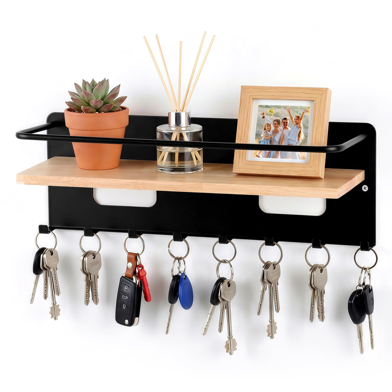 Porte-clés en bois avec étagère, porte-clés décoratif, mural avec 8 crochets pour clés, en bois, pour entrée, couloir, salon