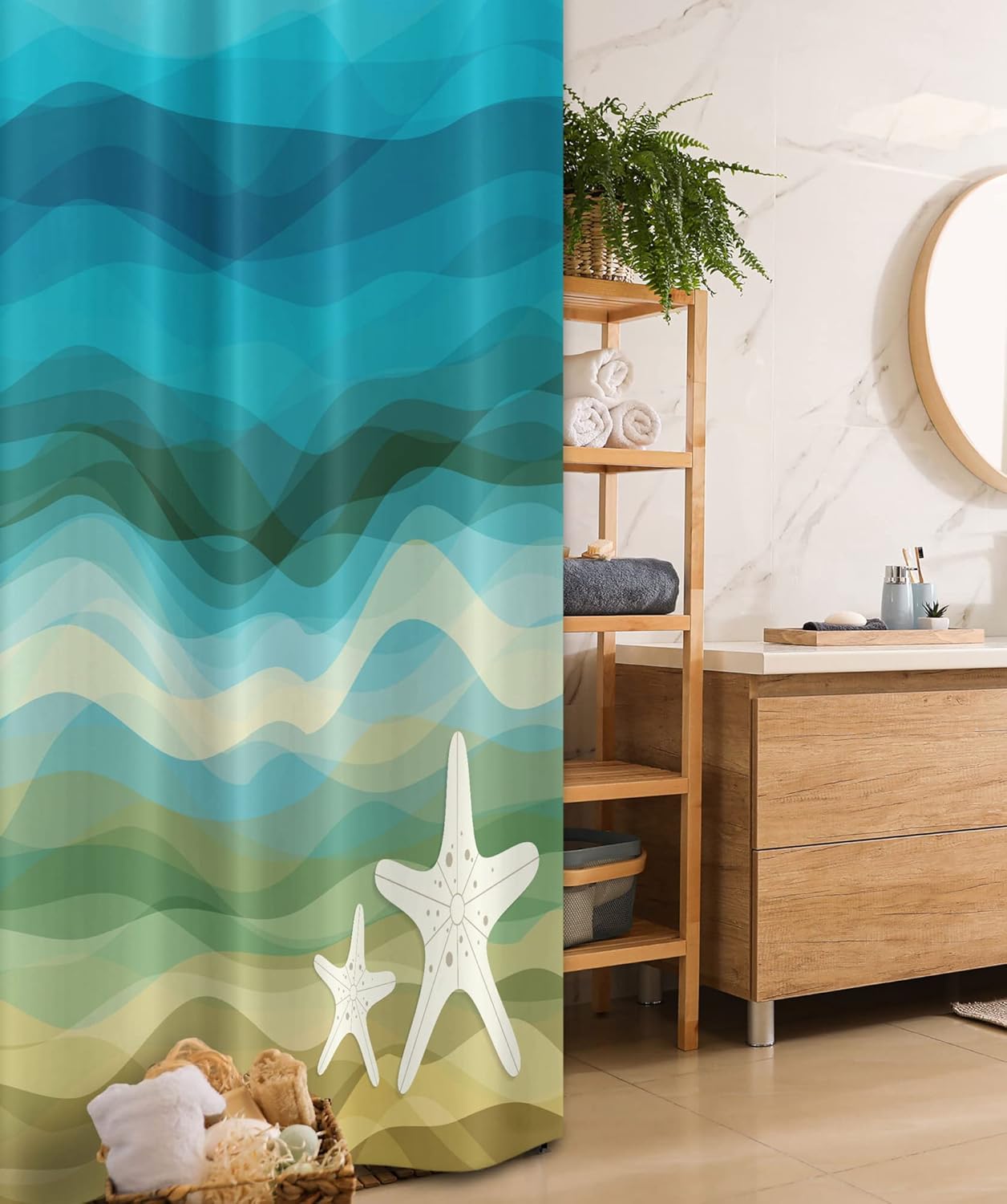 Ambesonne Abstract Stall Shower Curtain, Abstract Design Modern Illustration of Waves Starfish Sandy Beach Aquatic Theme, Fabric Bathroom Decor Set with Hooks, 36" W x 72" L, Blue Beige