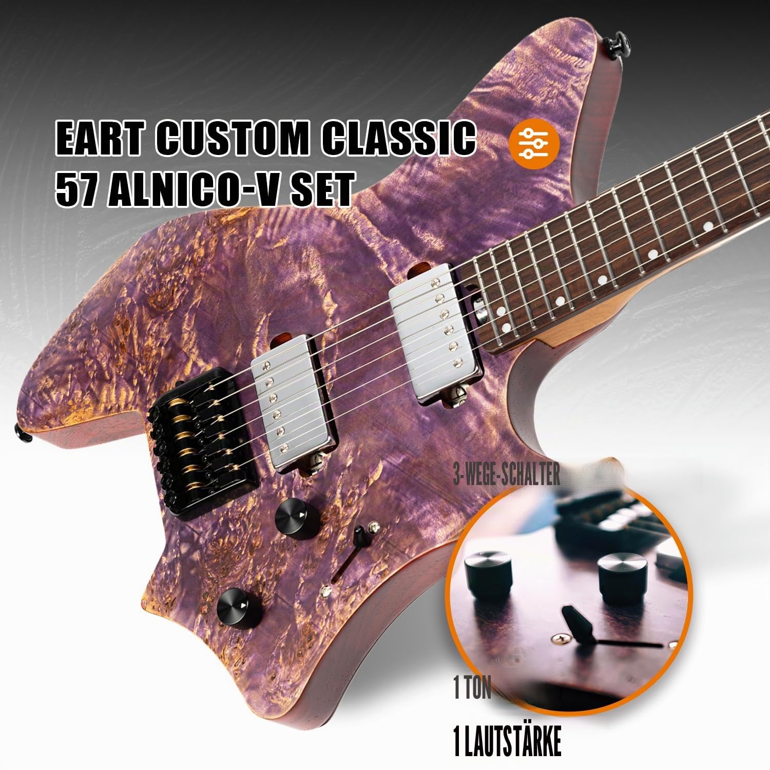 EART Kopflose Gitarre Fixed Bridge 6 String Elektrogitarre für Einsteiger, Edelstahlbünde H-H Abholungen Rechtshänder Solid Body Gitarre Purple