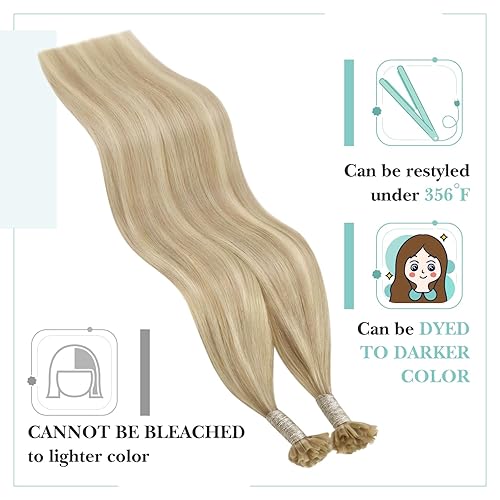 Miniatura 5 de YoungSee Extensiones de cabello humano real con puntas en U, rubio ceniza con rubio decolorado, extensiones de cabello humano natural con punta en