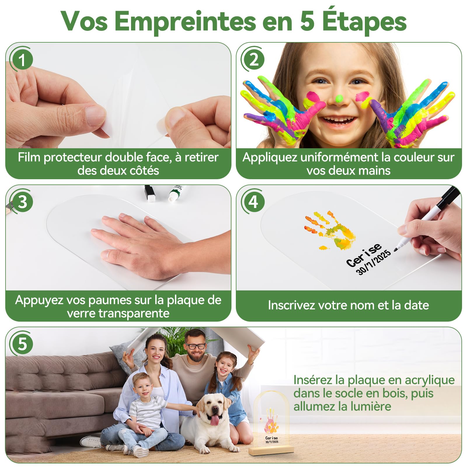 Nabance Empreinte Main Famille pour 4, Base en bois avec LED lumière, Empreinte Main Pied Bebe Idéal Cadre Empreintes Famille Cadeau Fete des Meres Cadeau Jeunes Parents Naissance Fille Garcon