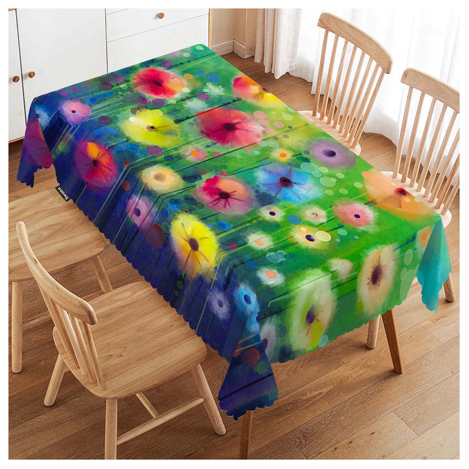 Swono Abstract Floral Table Cloth Red Yellow Flowers Grass Field Rectangle Tablecloth Picnic Table Cover BBQ Table Cloths Polyester for Kitchen Coffee