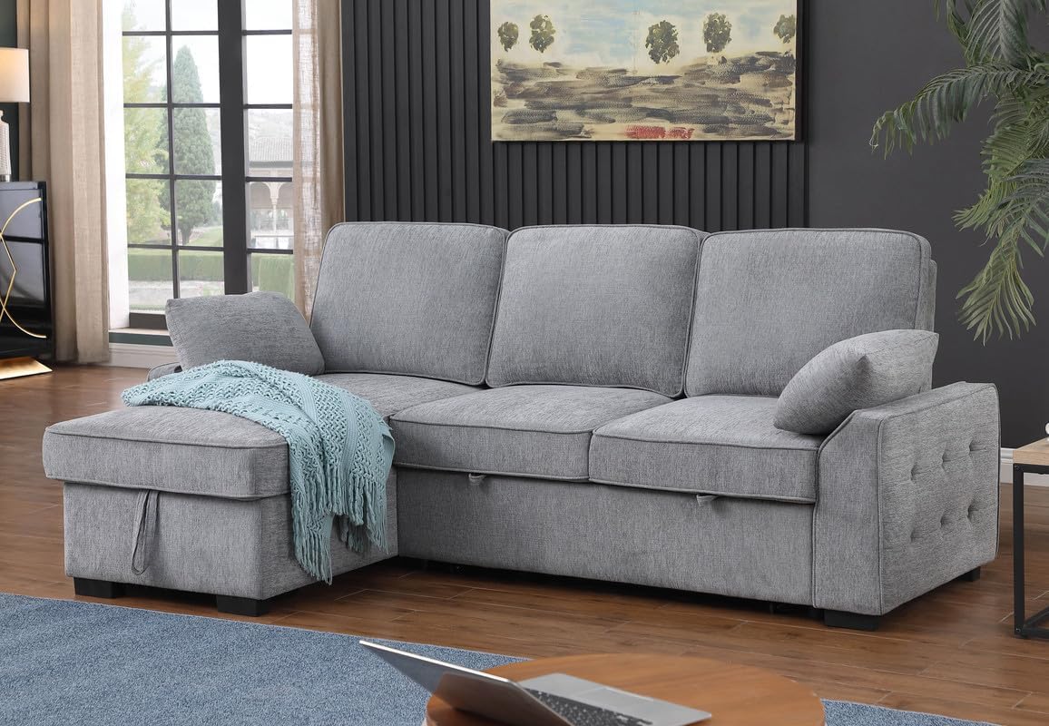 Lilola Home Mackenzie 91-inch Chenille Fabric Reversible Sleeper Sectional Sofa with Storage Chaise, Drop-Down Table, Cup Holders & USB/USB-C Charging Ports, Easy Assembly, Living Room — Light Gray