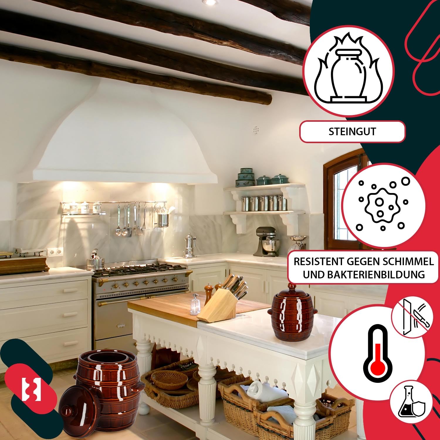 Kotarbau® - Pentola per fermentazione in terracotta ermeticamente chiudibile SizeName da usare per la fermentazione con coperchio + pietra di peso, marrone, 25 L