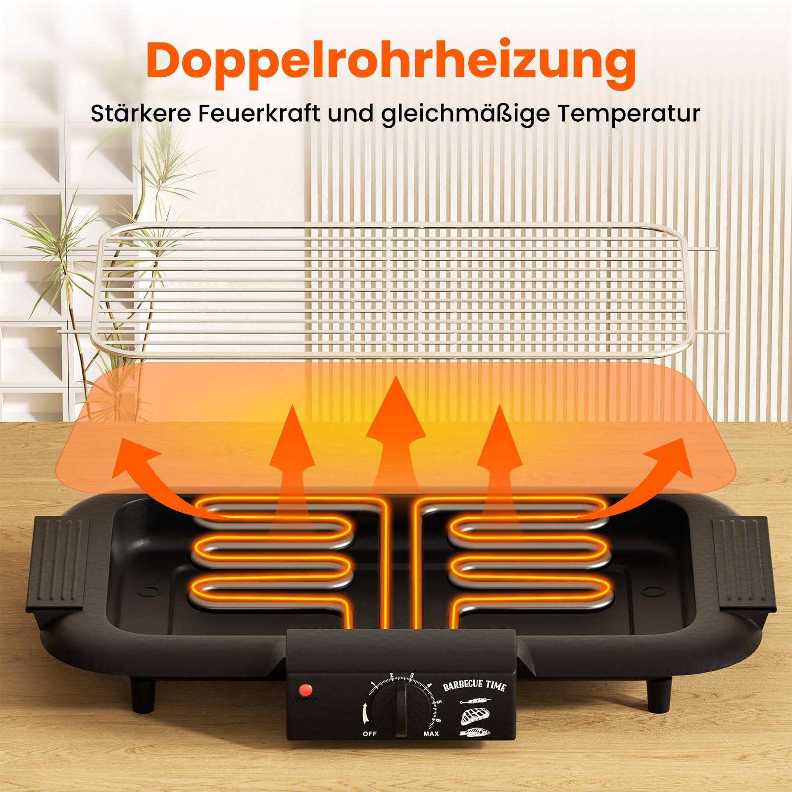 Barbecue électrique de table électrique, barbecue électrique, sans fumée, anti-adhésif, pour intérieur/extérieur, 2000 W, double tube portable, amovible, haute performance (noir classique)