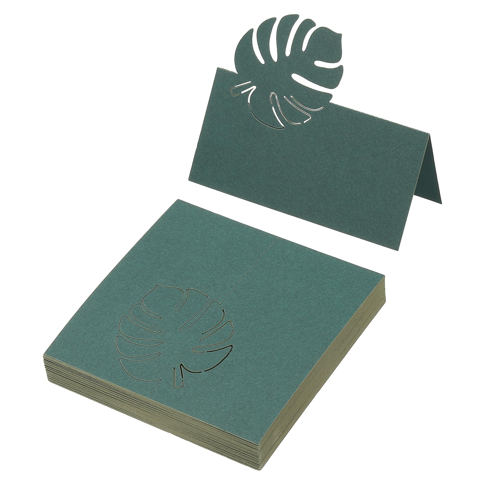 PATIKIL 50Pcs Wedding Place Cards, Laser Cut Leaves Table Place Card Folded Tent Card Name Cards for Table Wedding Setting Buffet Reception, Dark Green