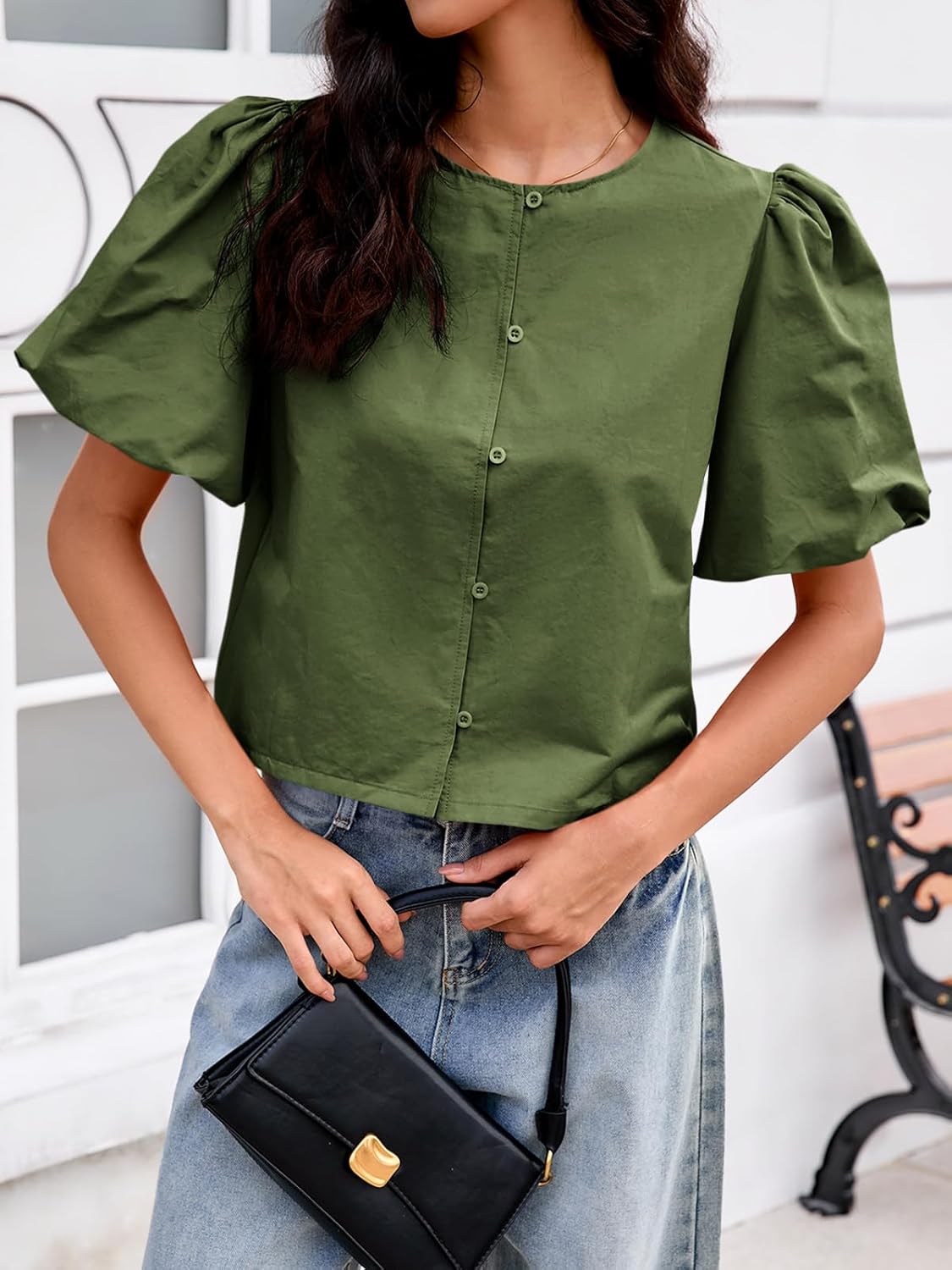 Tankaneo Womens Cropped Tops Puff Sleeve Button Down Shirts Trendy Casual Loose Fit Cute Blouse - Image 3