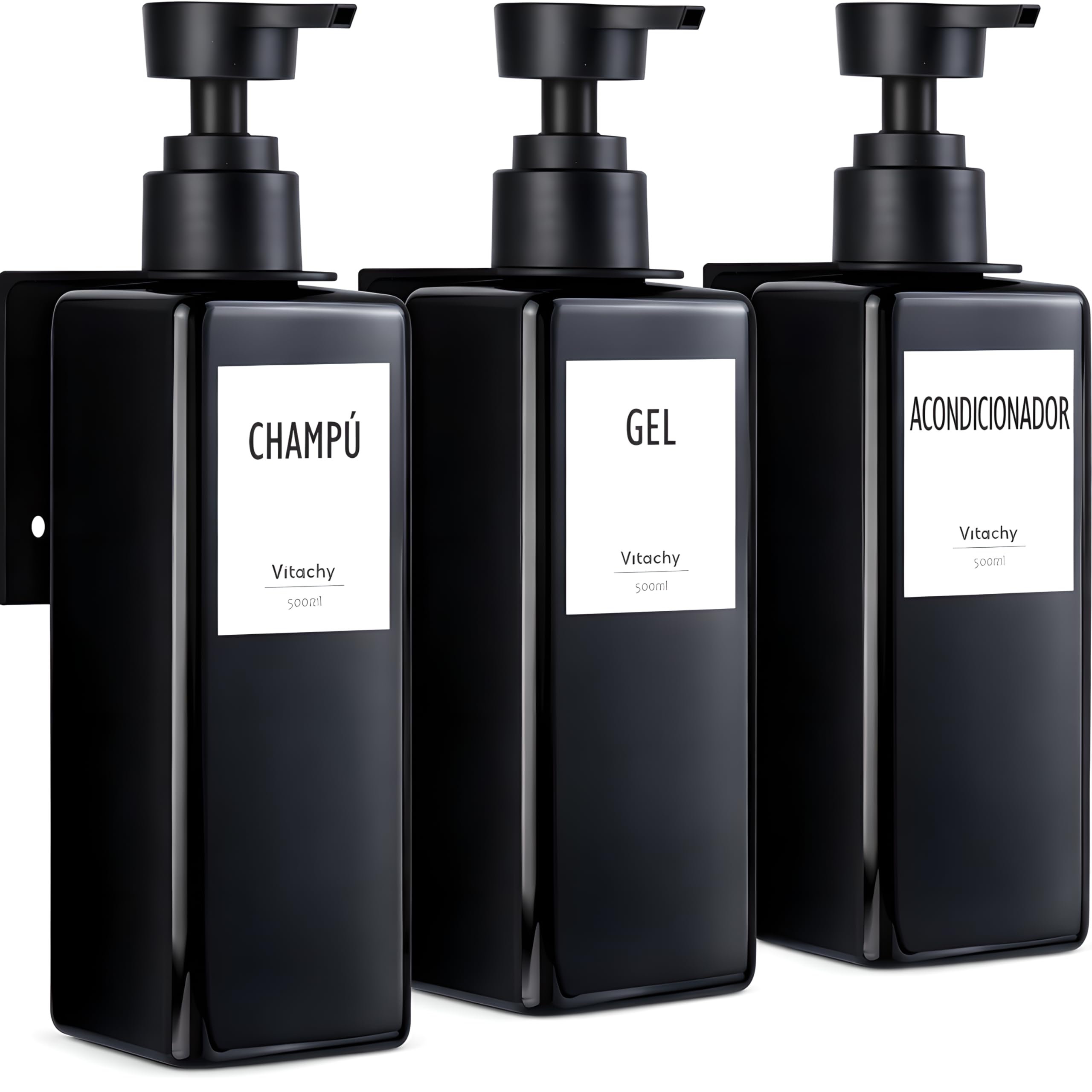 Pack of 3 Bathroom Wall Soap Dispensers 500 ml – Refillable Bottles Gel Shampoo Conditioner – Black Shower Dispenser with Stand: Adhesive Fixation Without Drill or with Screws