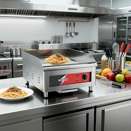 Miniatura 7 de CROSSON Plancha eléctrica comercial de 16 pulgadas, parrilla eléctrica superior plana de 120 V1750 W, placa de cocina cromada antiadherente de 25