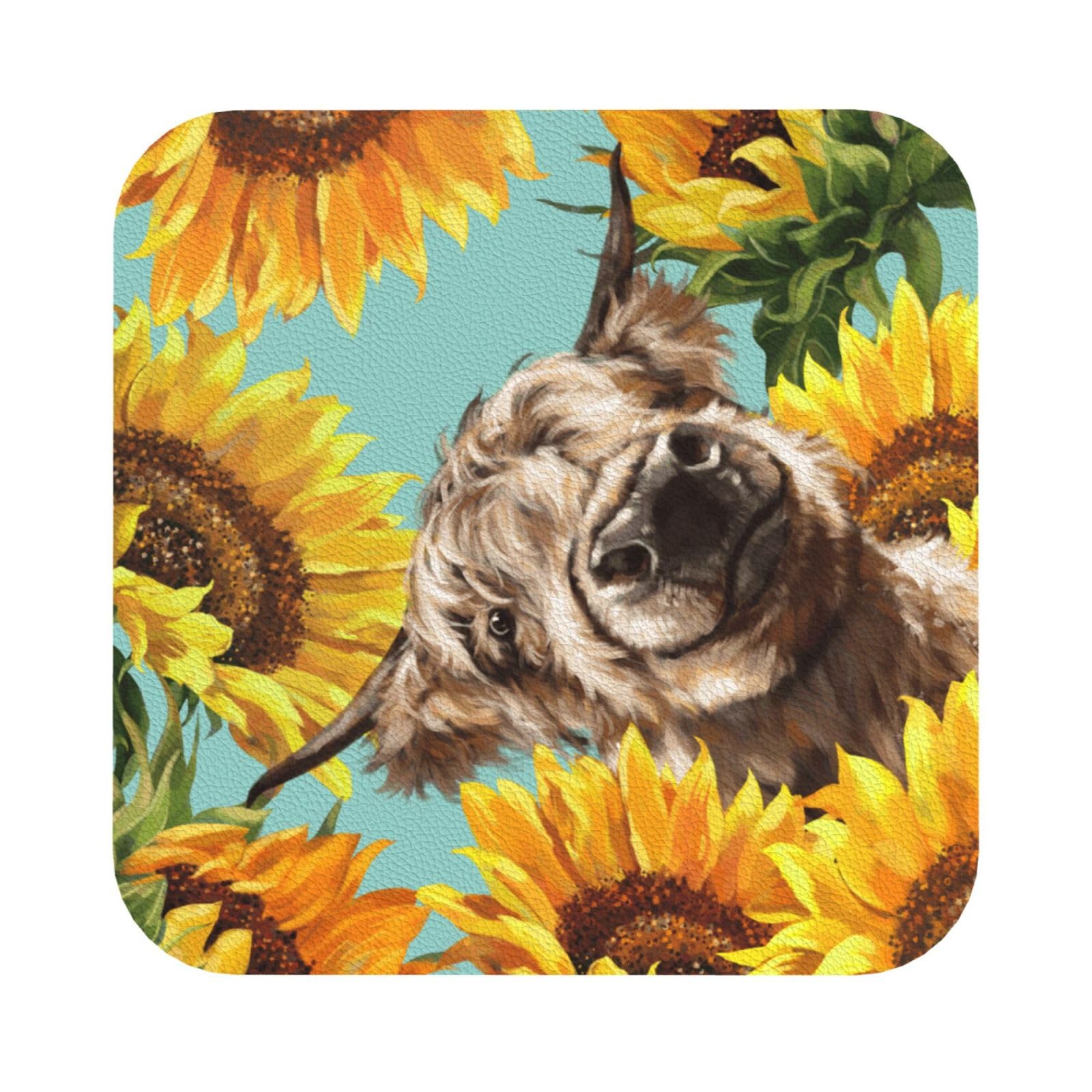 Cow with Sunflowers in Blue PU Leather Coasters Set of 6 Square Drink Coasters