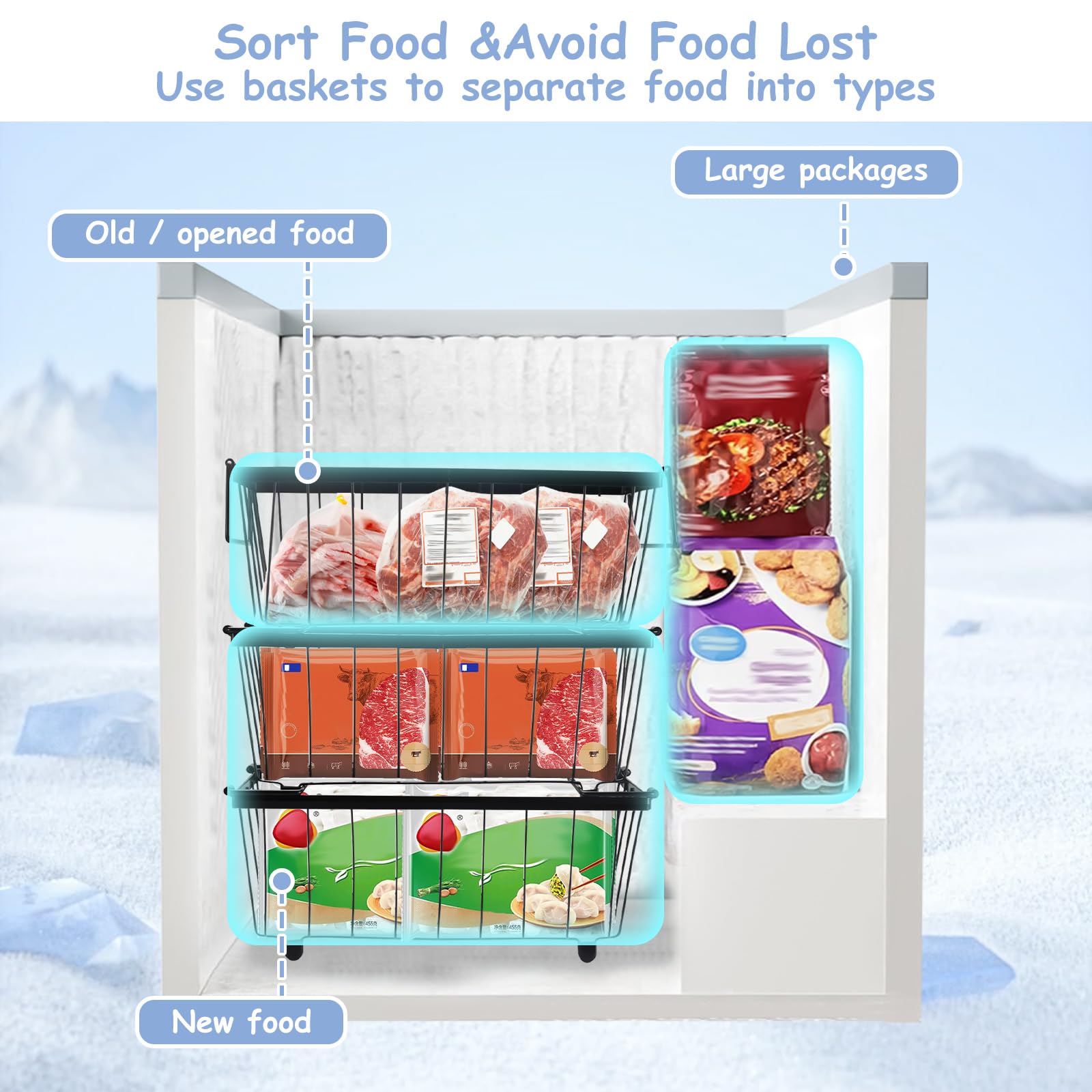 4 Organizer Per Congelatore - Cestini Metallici Impilabili Con Maniglie, 37.2x18.8x14 Cm - Foto 12