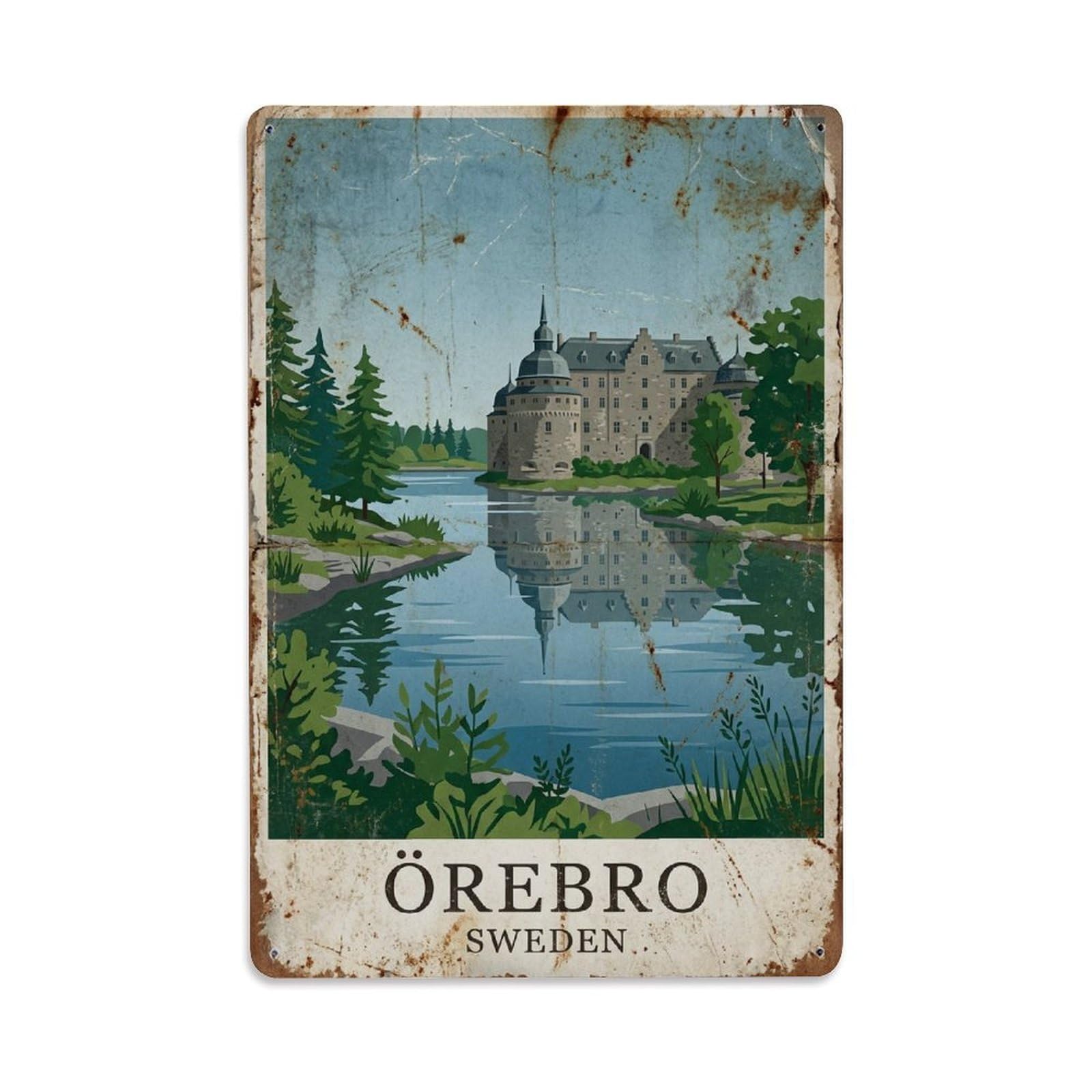 Vintage Travel Orebro Sweden Lake Metal Tin Sign