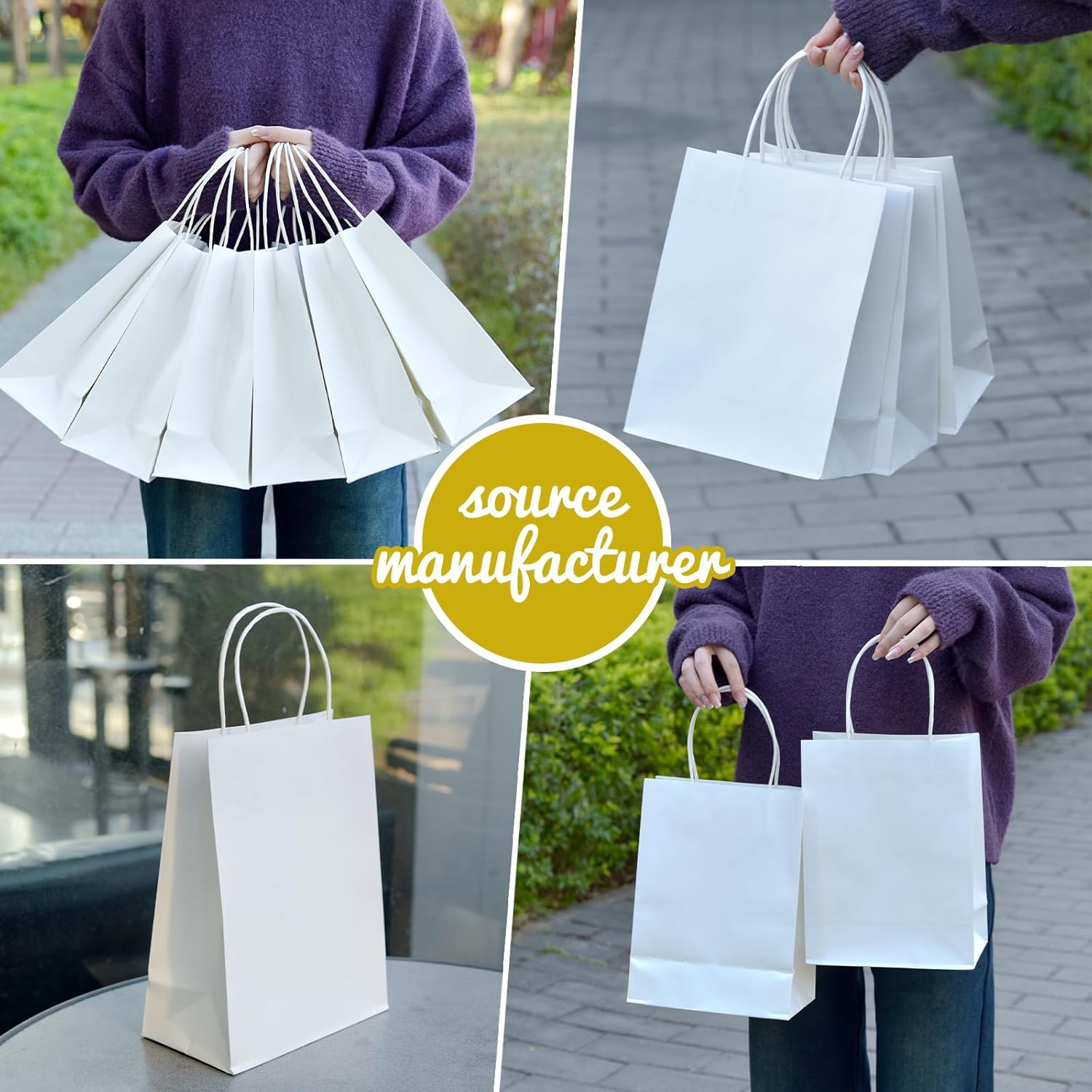 White Kraft Paper Bags with Handles–8x4.5x10.8“ 100 Pack Heavy Duty Bulk Retail Bags for Small Businesses, Boutiques & Cafes – Thick Reinforced Shopping Bags for Custom Branding & Eco Packaging (white)