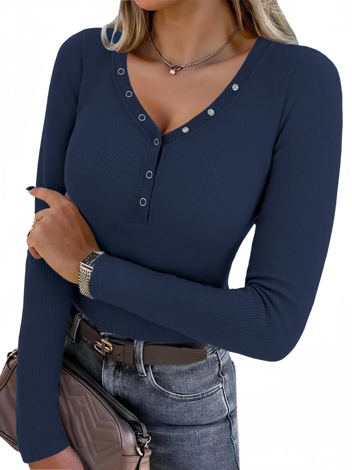 Aottori Langarmshirt Damen V-Ausschnitt mit Knöpfen Slim Fit Oberteile Gerippt Stretch Pullover Dünn Elegant Henley Shirt Langarm Basic Tops