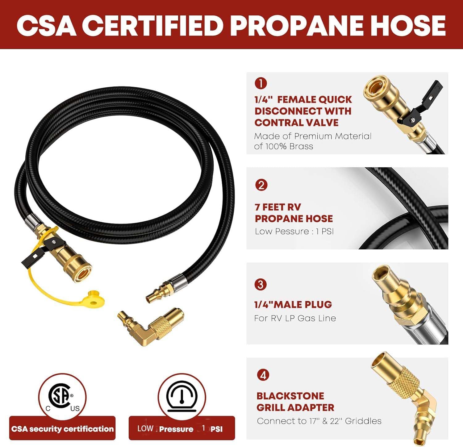 GasXpert 7 Feet Quick Connect Propane Hose for RV to Grill, Propane Hose Adapter with 1/4" Shutoff Valve and 1/4" Male Full Flow Plug, For LP RV with Elbow Adapter for 17" and 22" Blackstone Griddle
