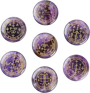 Set of 7 Polished Amethyst Crystal Engraved Magic Archangel Symbols Wicca Stones for Meditation Chakra Balancing, Collectible & Decorative Pocket Worry Palm Stone for Home Decor