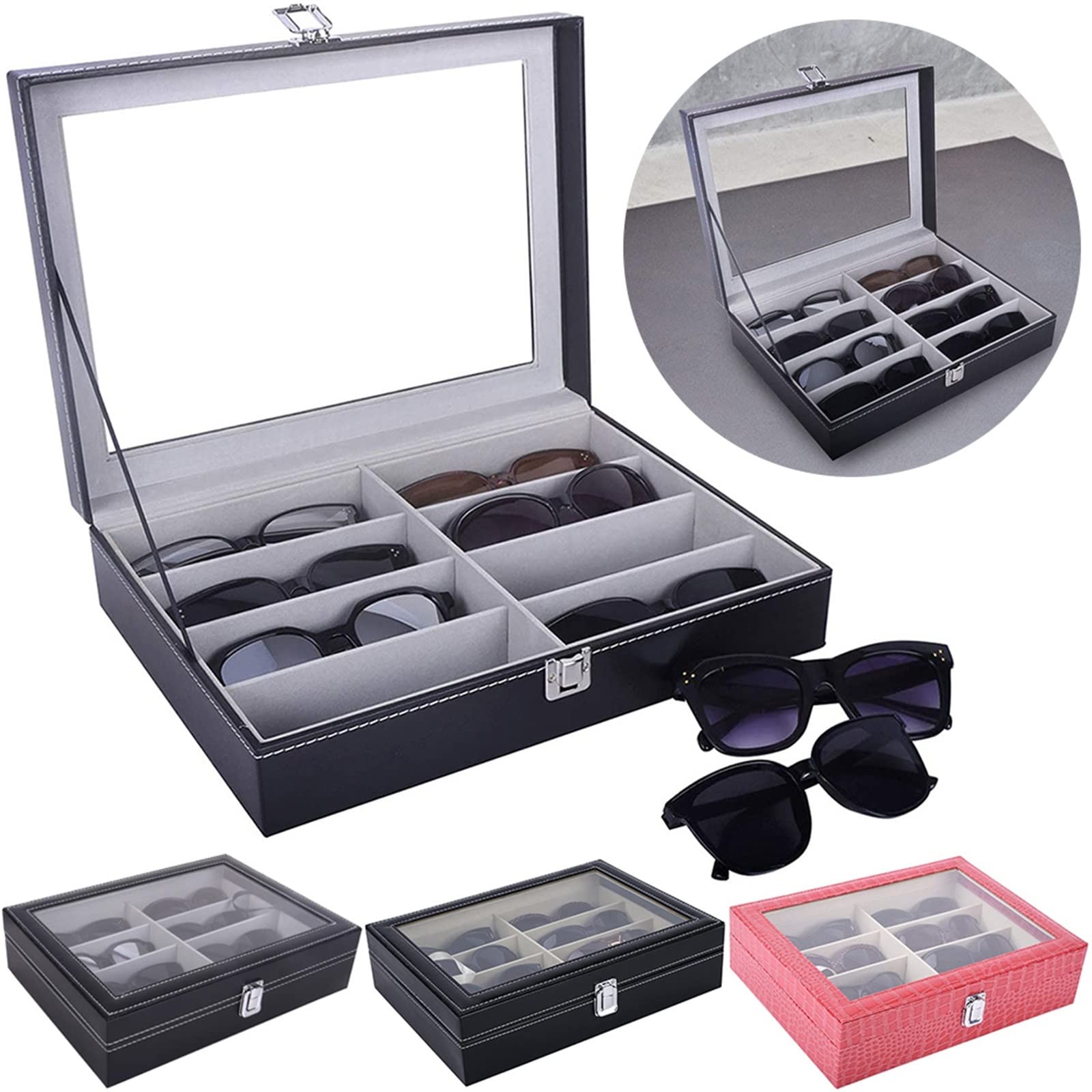 8 slotów PU skórzane etui na okulary przeciwsłoneczne dla kobiet mężczyzn okulary pudełko ekspozycyjne zegarek jubilerski Organizer prezent urodzinowy Watchse Storage Box (Color : Rose Red)