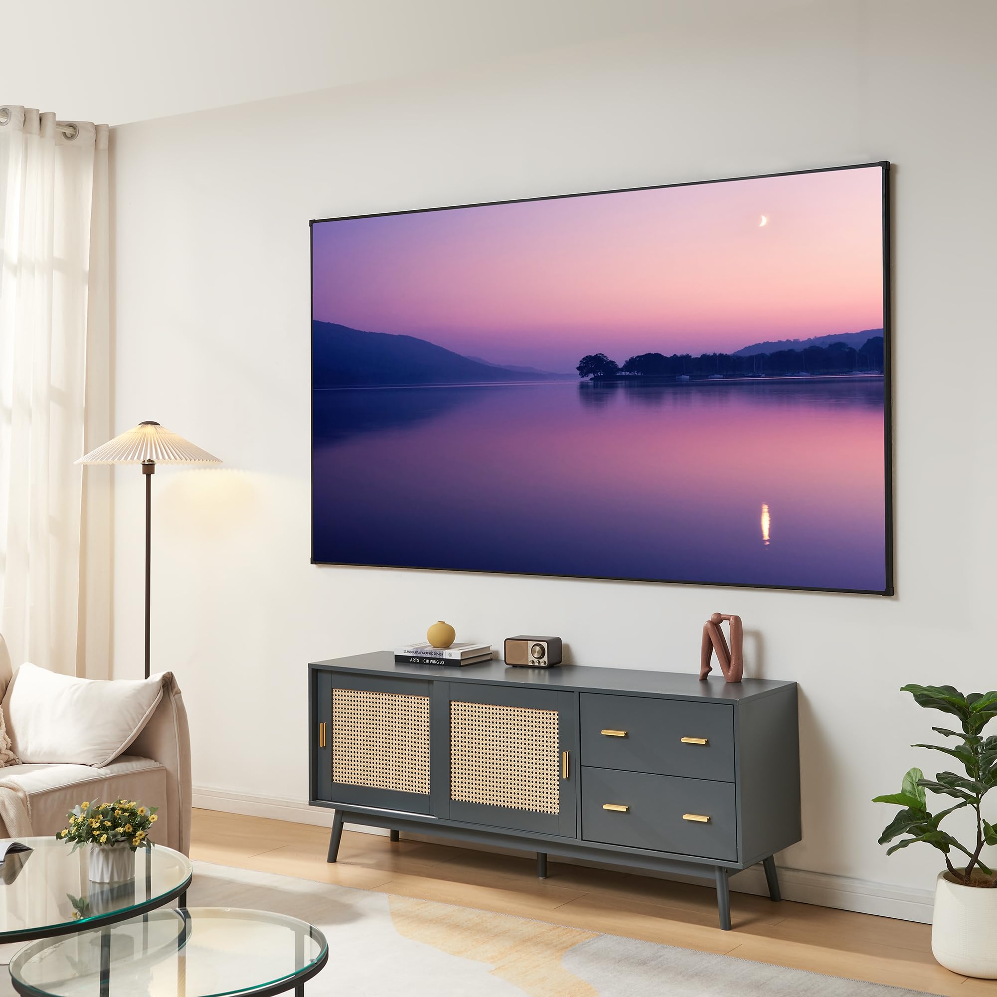 [en.casa] Pantalla de Proyección Väkhoga Instalación Mural Pantalla para Full HD 4K 8K HDR Proyector con Marco 100 Pulgadas 16:9 ARL 221 x 125 cm Cine en Casa Oficina Gaming Gris