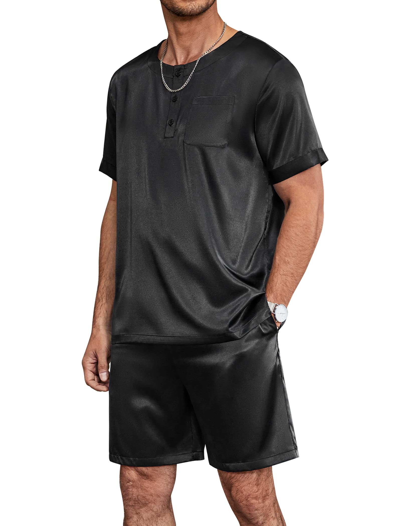 Ekouaer Men Silk Pajamas Set 2 Piece Pjs Soft Satin Sleepwear Shorts Button Down Tops Loungewear with Pockets