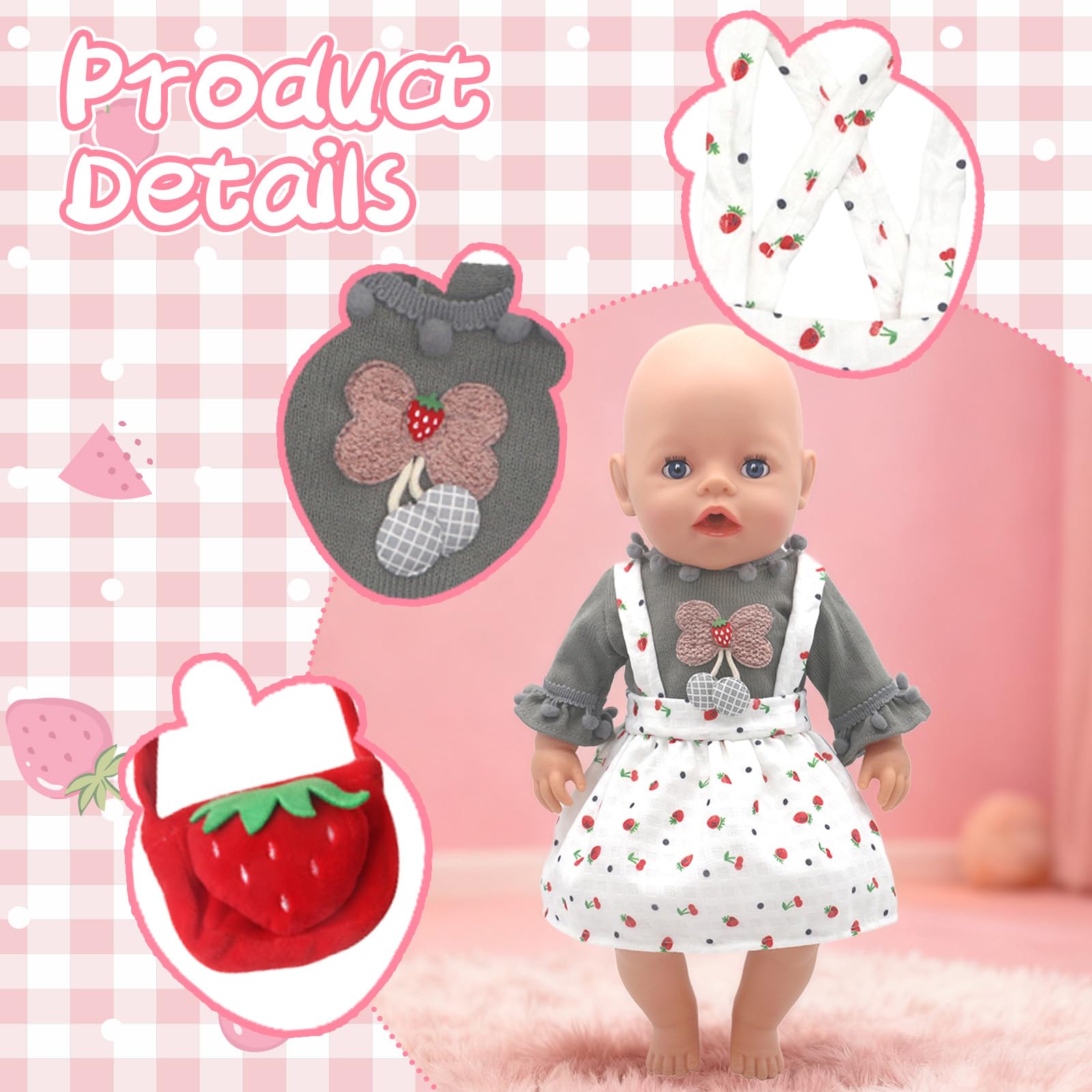 Xerteam Doll Clothes 35-45 cm for Baby Dolls Clothes for 14-17 inch Dolls, Sweet and Adorable Doll Clothes, Strawberry Top - Image 3
