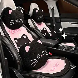 YUNZLAN Sweet Cat Capas de assento de carro divertidas, conjunto completo de capas de banco dianteiro e traseiro, ajuste universal para carros, caminhões, SUVs-Luxo, 11 peças, rosa, preto