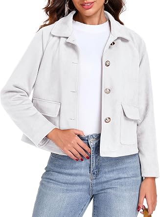 Womens Faux Suede Leather Jackets Cropped Casual Lapel Collar Button Down Lightweight Spring Vintage Shackets
