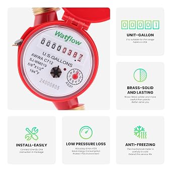 DN15 Water Meter 1/2 NPT, AWWA C712 Certification Gallon Water Flow Meter, Cold and Hot Water Meter for Garden/Home/Apartment, Horizontal Install.