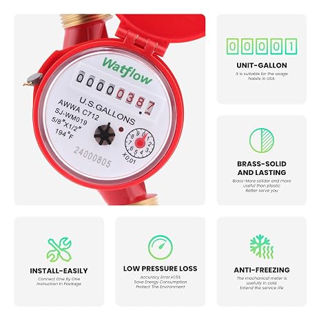DN15 Water Meter 1/2 NPT, AWWA C712 Certification Gallon Water Flow Meter, Cold and Hot Water Meter for Garden/Home/Apartment, Horizontal Install.