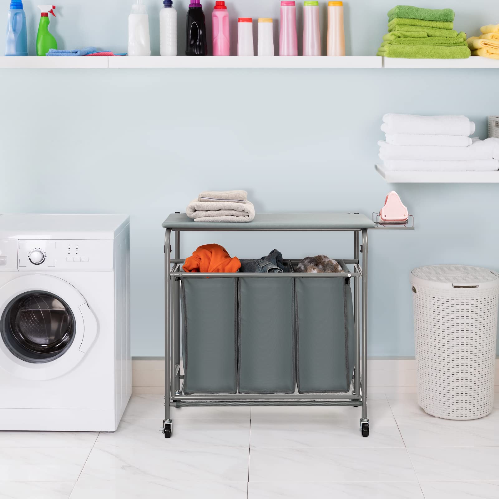 ALIMORDEN Rolling Laundry Sorter Cart with Wheels 240l Heavy Duty Laundry Hamper Sorter Basket 3 Section Organizer with Lid Ironing Board and Iron Blue Grey