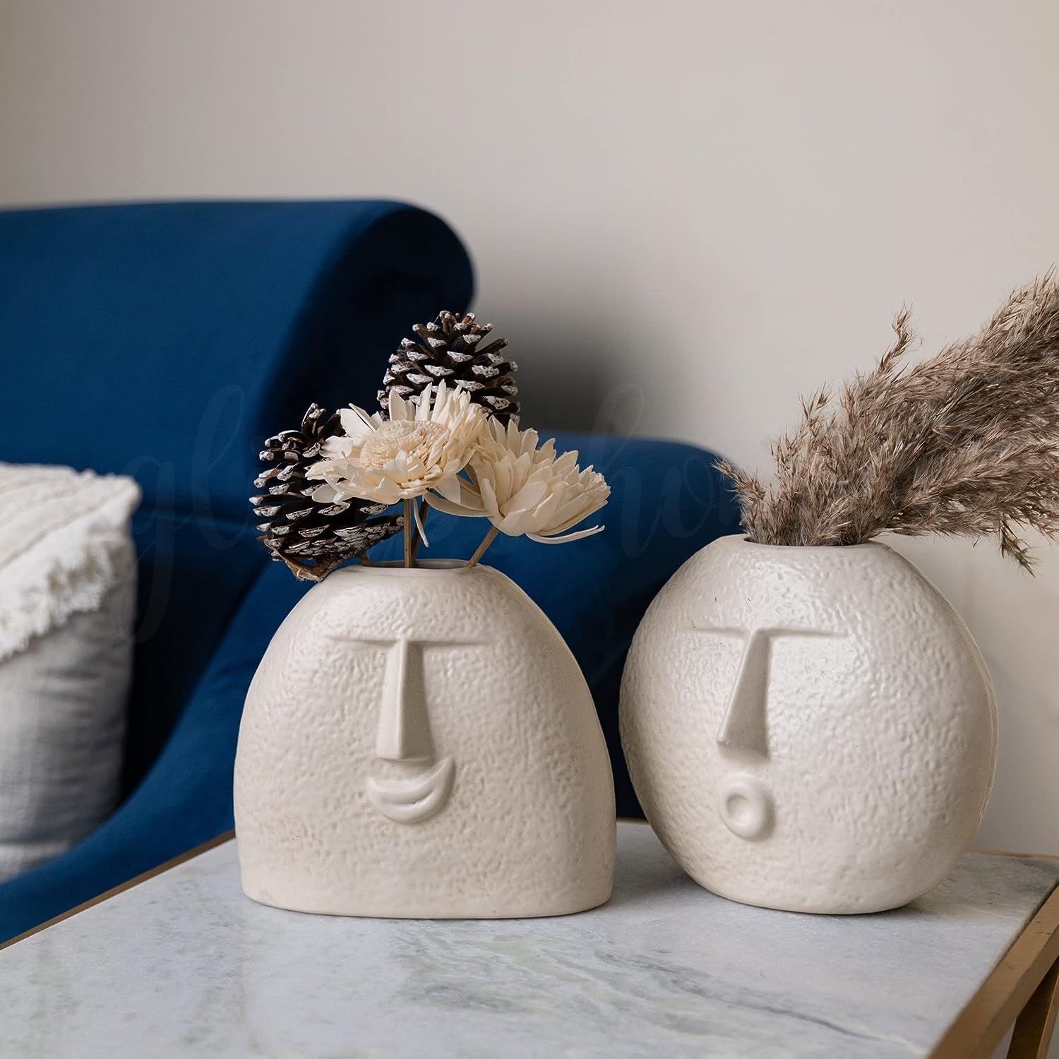 NAVINYA Ceramic Flower Vase | The Upbeat Smile Face Vase and The Blowing Kiss Face Vase | Vase for Living Room | House Warming Gift | Matte Finish - Off White Set of 2