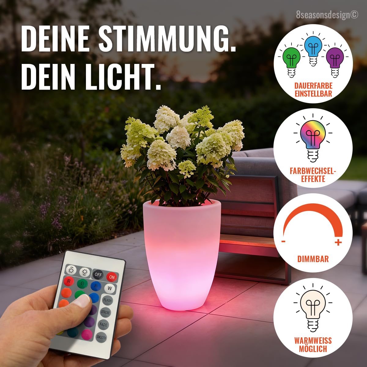 8 seasons Design LED Pflanzkübel mit Farbwechsel, 39 x 51 cm, Shining Curvy Pot M (weiß) E27, RGB, dimmbar, Fernbedienung – wetterfest – beleuchteter Blumentopf für außen (Garten, Terrasse) und innen