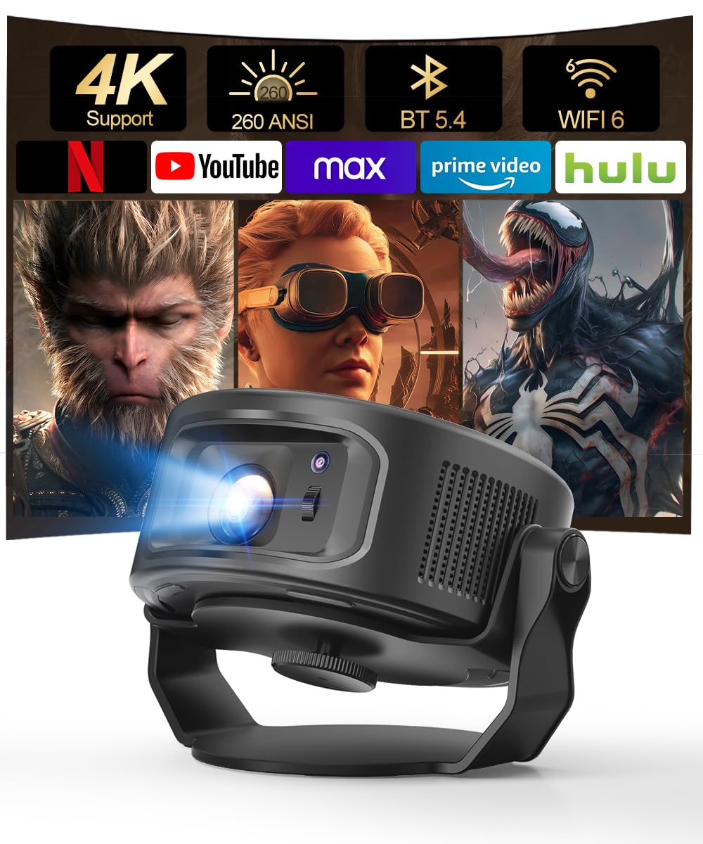 Magcubic Android 14 Proyector Portatil, 260 ANSI Wi-Fi 6 y Bluetooth 5.4,Proyector 4k Corrección Trapezoidal Automática y Enfoque Manual, Projector Libre de 360° más 35° para Exterior Cine Jardin