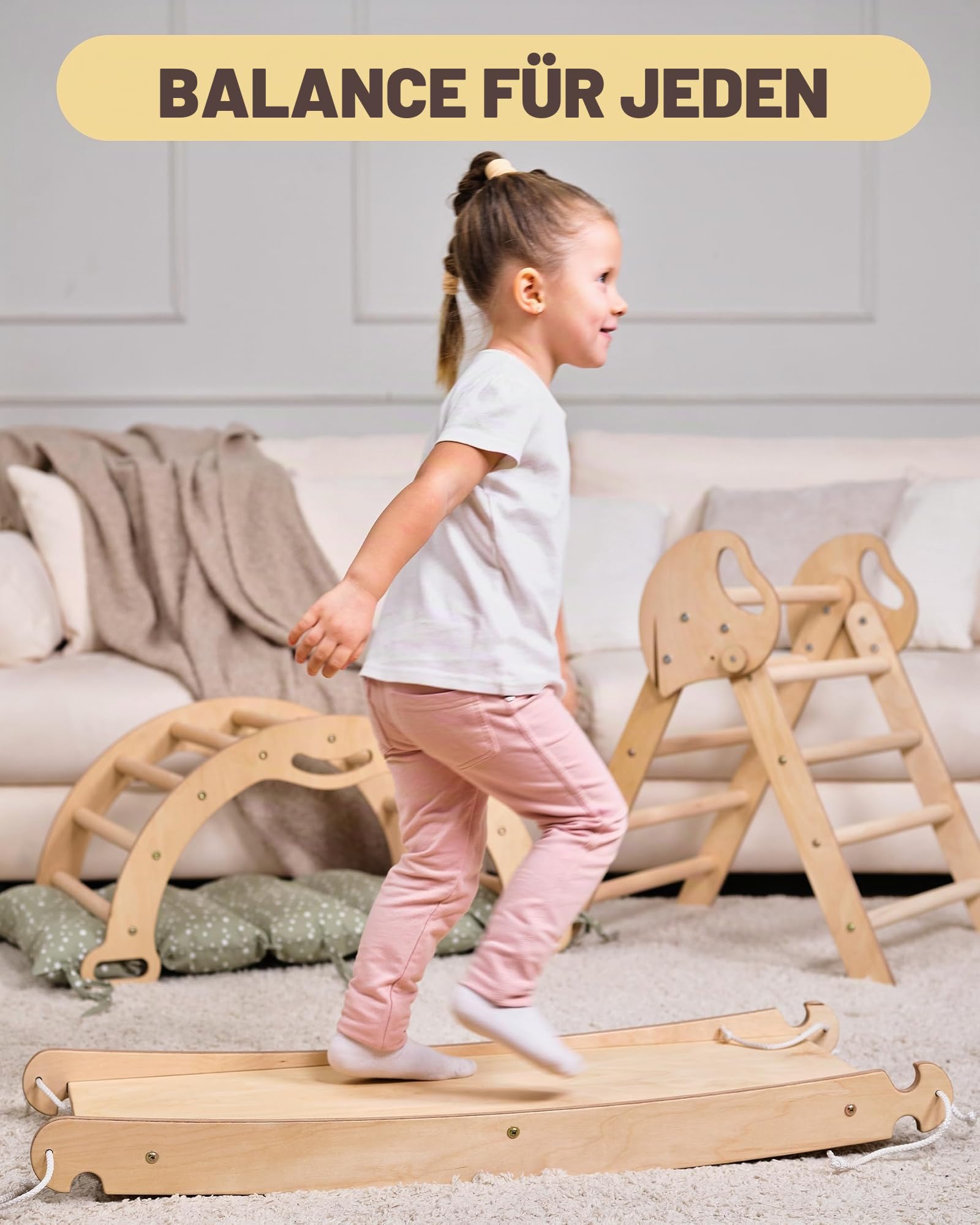 Goodevas Montessori Kletterdreieck Set | Klettergerüst Indoor Holz mit Dreieck, Wippe, Rutsche, Kissen & Kunst-Set, Umbaubar, 1-3 Jahre, Beige mit grünem Kissen