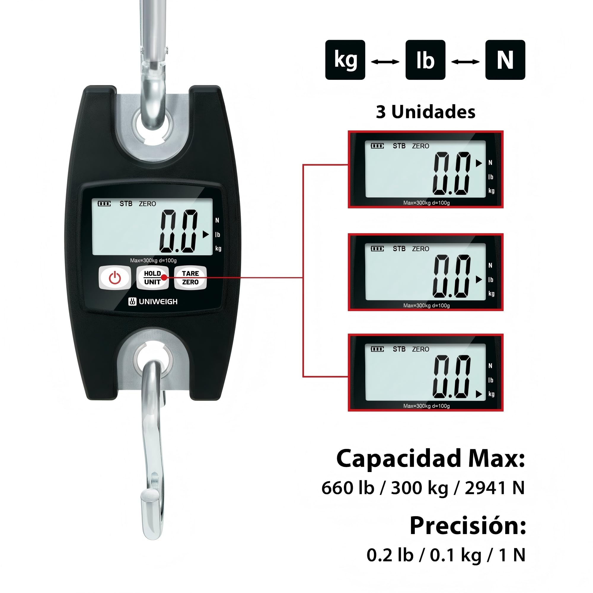 UNIWEIGH Báscula Colgante Digital 660lb/300kg, Bascula Industriales con Ganchos,Básculas de Equipaje con LCD/Funciones de Retención/Tara para Pesaje,Granja Caza,Pesca al Aire Libre,Maletas(Negro)