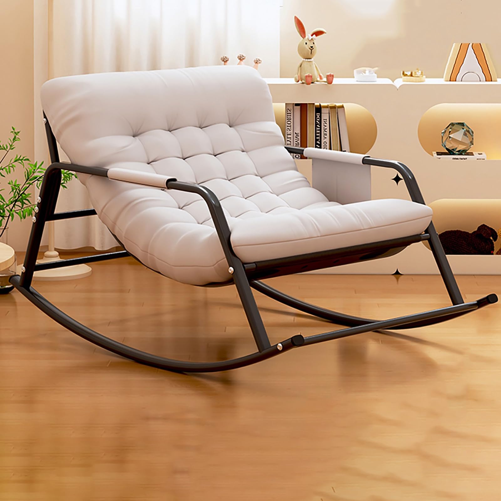 Adjustable Rocking Chair,Metal Rocking Chairs with High Back,Padded High Back Folding Rocker,Side Pocket Portable Rocking Lawn Chair Foldable,Modern Rocker Chairs for Living Room Bedroom Offices (Col
