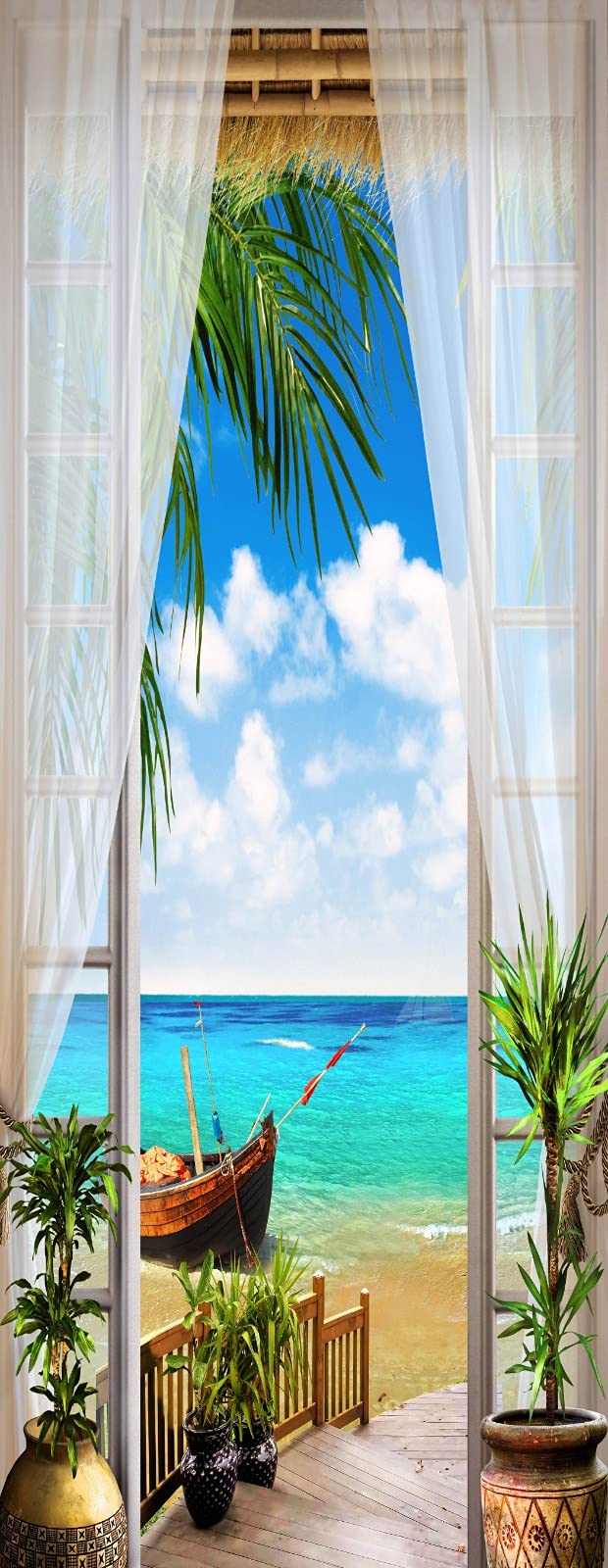 A.Monamour Adesivo Porta Autoadesiva Terrazza Vista Mare Con Tenda In Voile Bianco Spiaggia Sabbiosa Vinile PVC Adesivi per Porte 3D Pellicola Adesiva Poster Sticker Murale Parete Carta da Parati