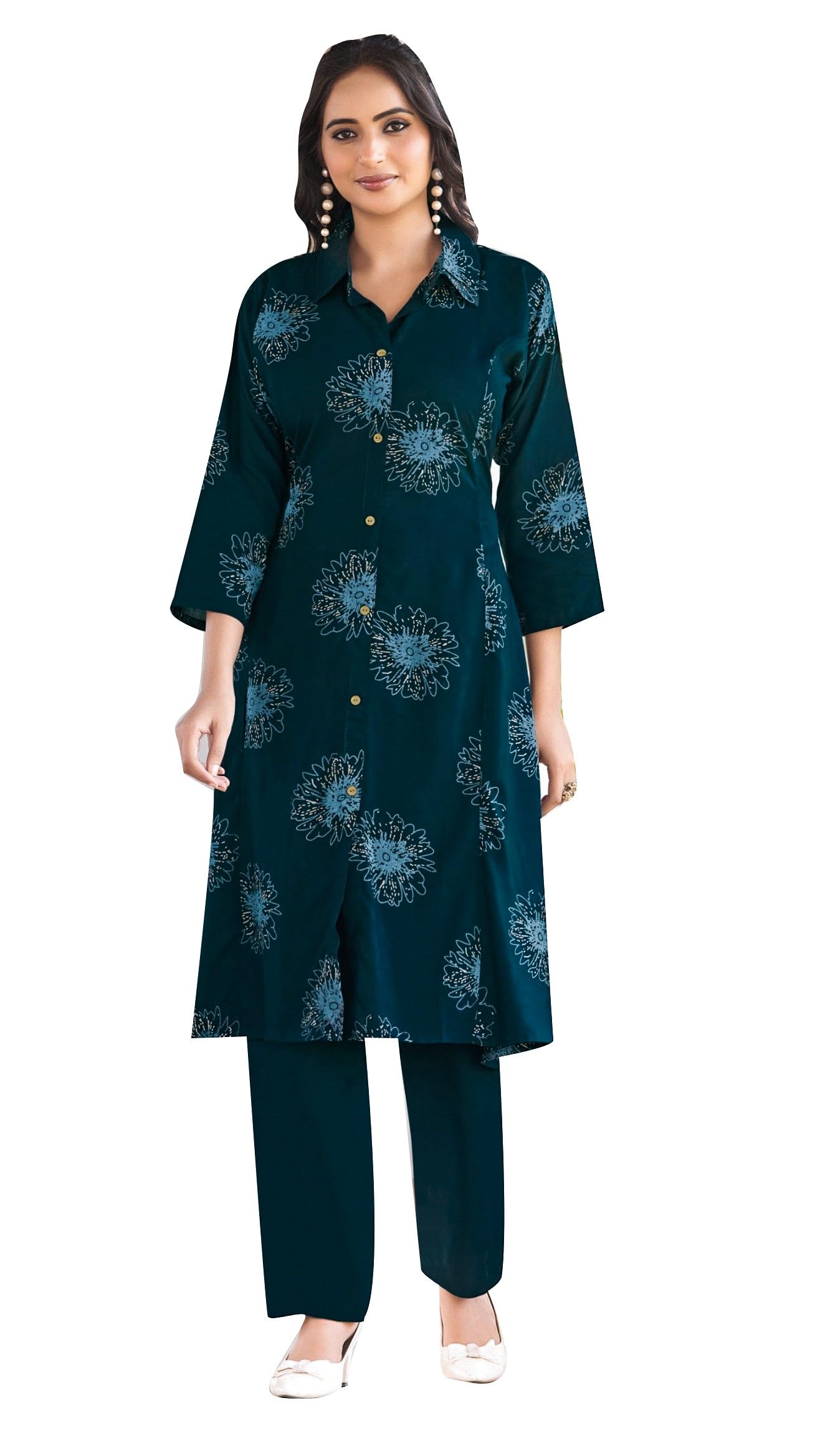 Conjunto de rayón para mujer con pantalones kurta acampanados y camisa abotonada de Ladyline 4