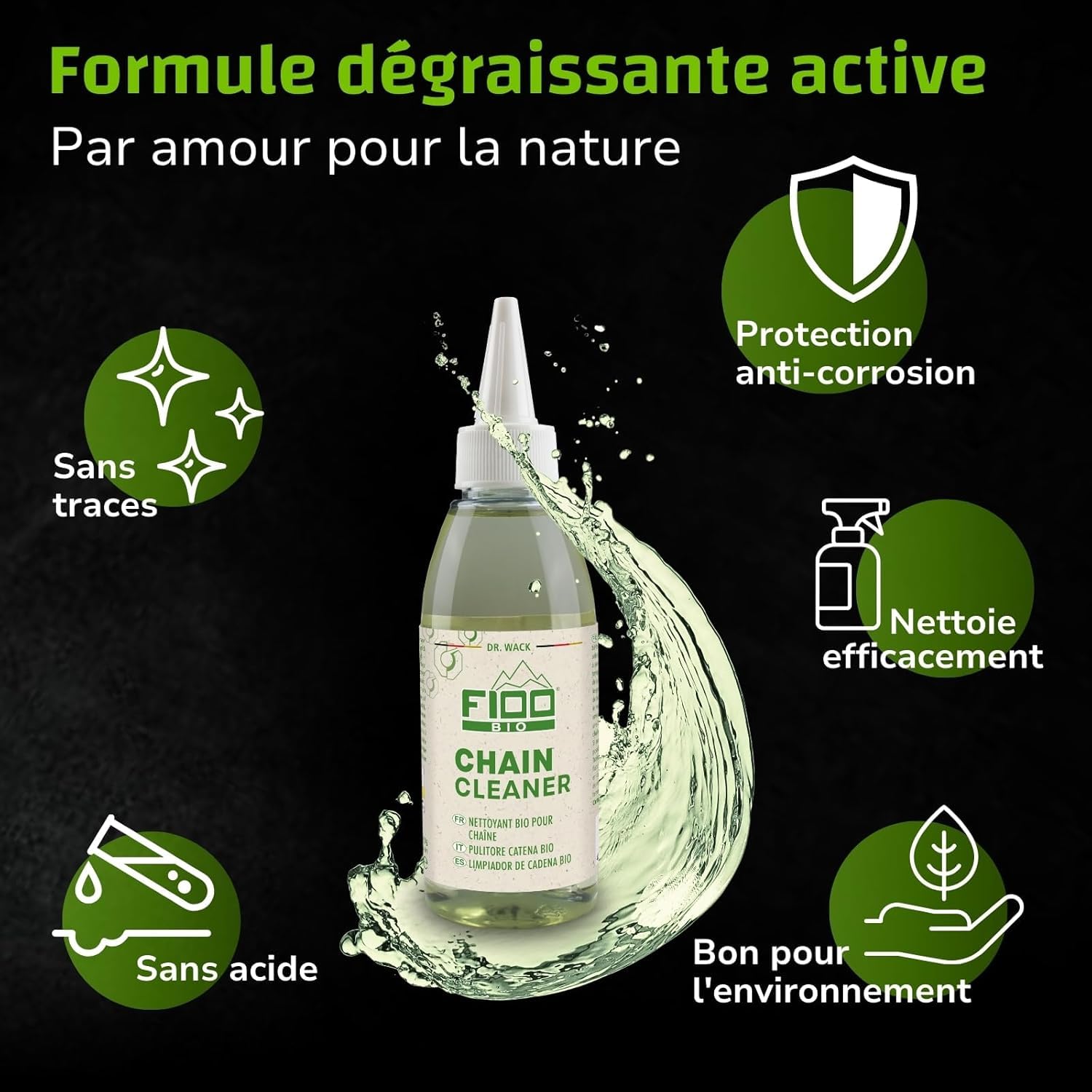 Dr. Wack - F100 Kit d'entretien Vélo Produits Bio - 4 Produits inclus - Nettoyant Vélo + Nettoyant Chaînes de Vélo + Brosse pour Chaîne + Chiffon Microfirbres - Fabriqué en Allemagne